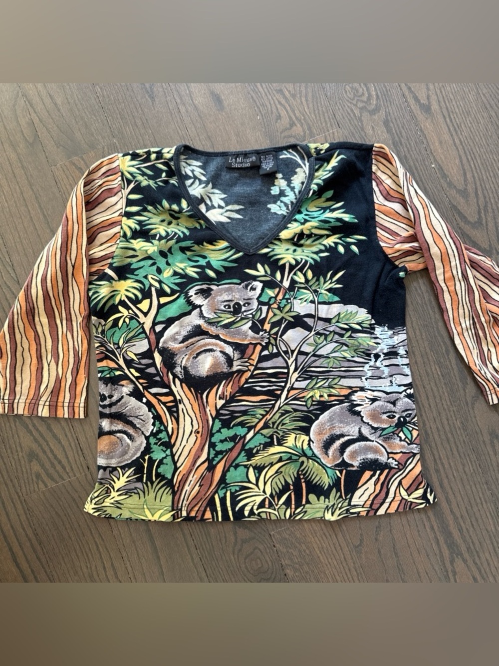 Le Mieux Koala Graphic V-Neck Tee Top - Black & Multicolor 3/4 Sleeve Cotton Mix